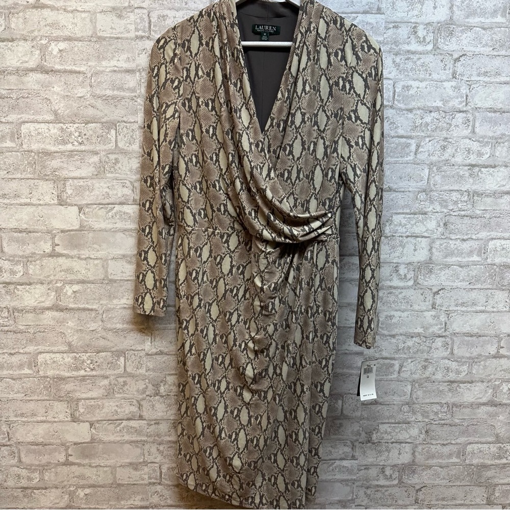 Lauren Ralph Lauren snakeskin print faux wrap sleeve dress women’s 12 NWT